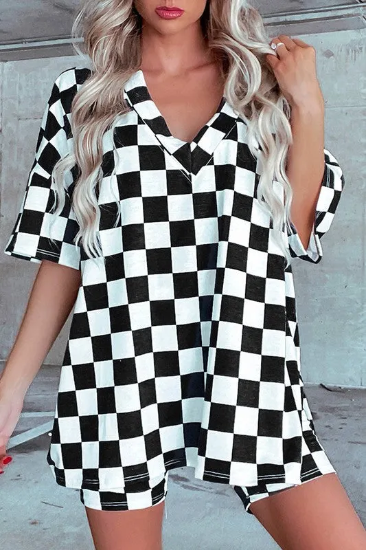 Checkerboard V Neck Tee and Shorts Lounge Set