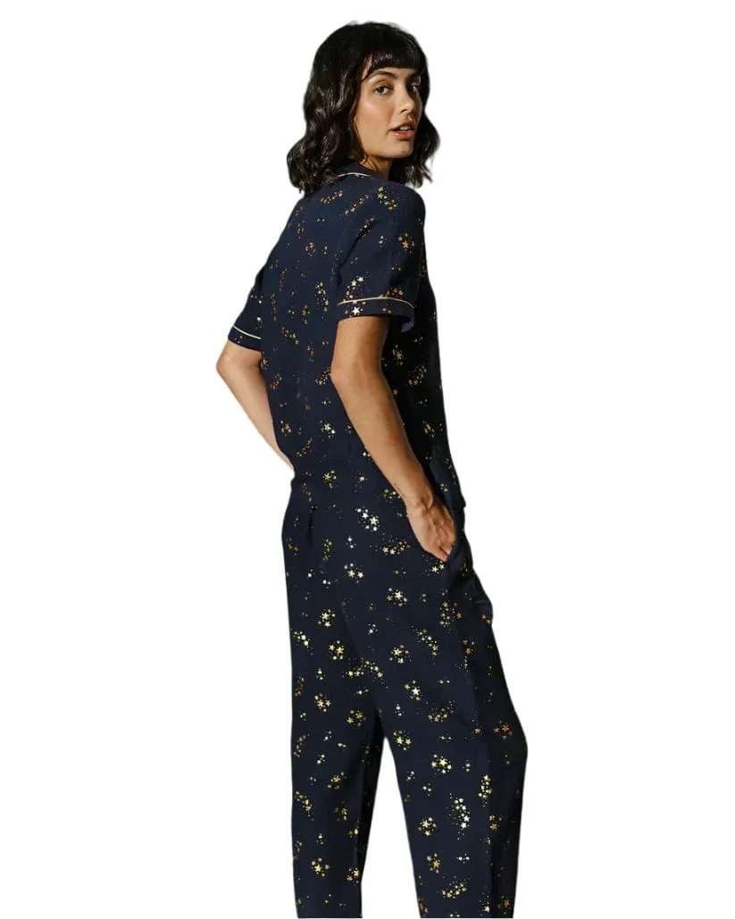 Chelsea Peers Cotton Star Print Long Pyjama Set in Navy