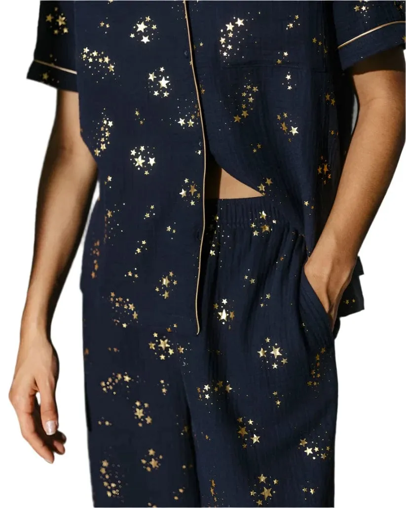 Chelsea Peers Cotton Star Print Long Pyjama Set in Navy