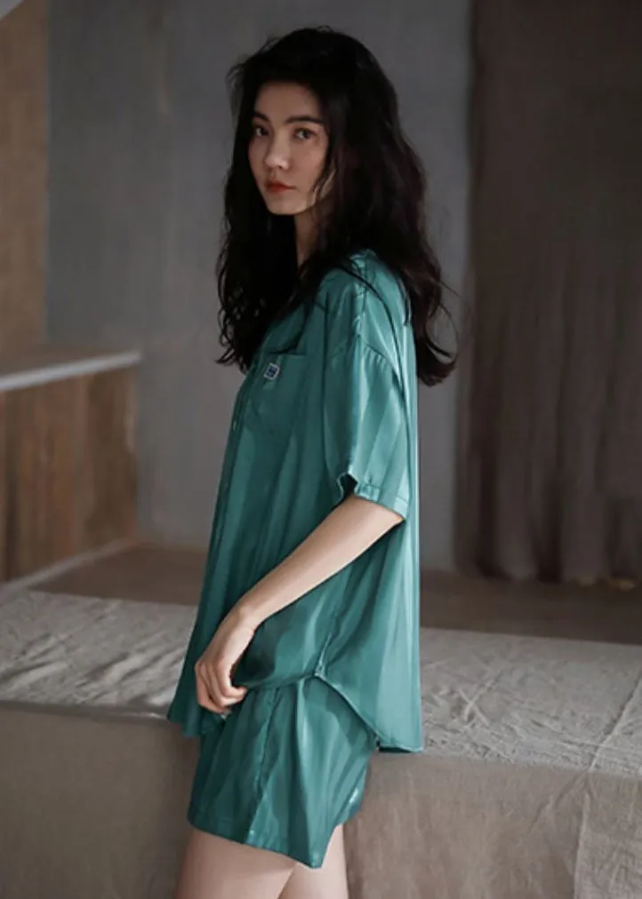 Chic Green Peter Pan Collar Button Ice Silk Pajamas Two Piece Set Short Sleeve LY2840