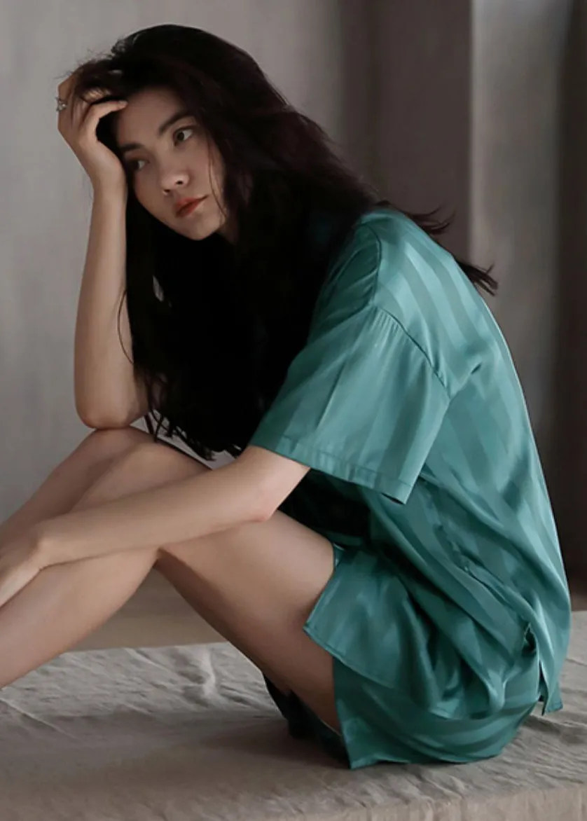Chic Green Peter Pan Collar Button Ice Silk Pajamas Two Piece Set Short Sleeve LY2840