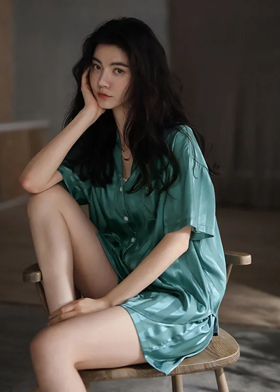 Chic Green Peter Pan Collar Button Ice Silk Pajamas Two Piece Set Short Sleeve LY2840