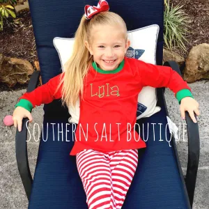 Christmas PJ's - Red or Green Stripe with name or monogram
