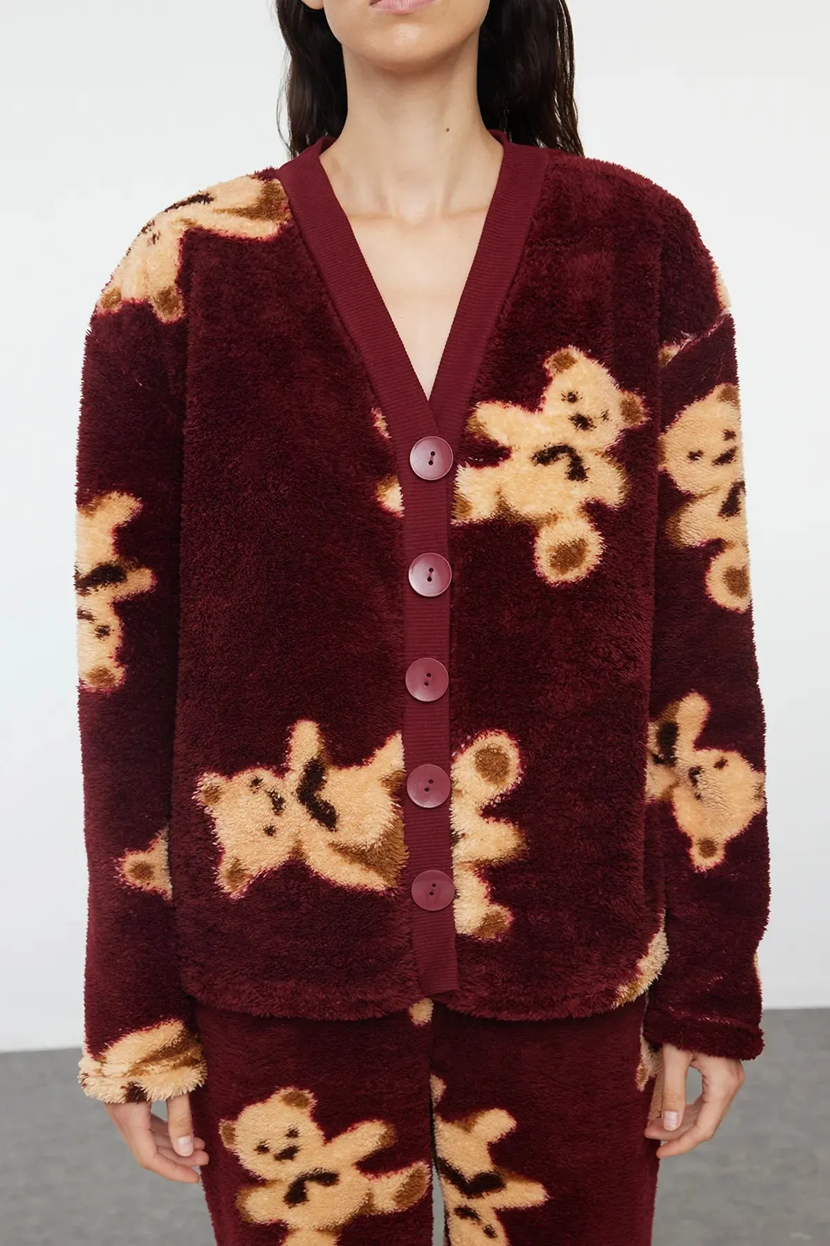 Claret Red Teddy Bear Patterned Wellsoft Winter Knitted Pajama Set