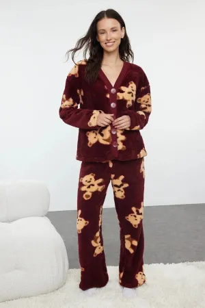 Claret Red Teddy Bear Patterned Wellsoft Winter Knitted Pajama Set