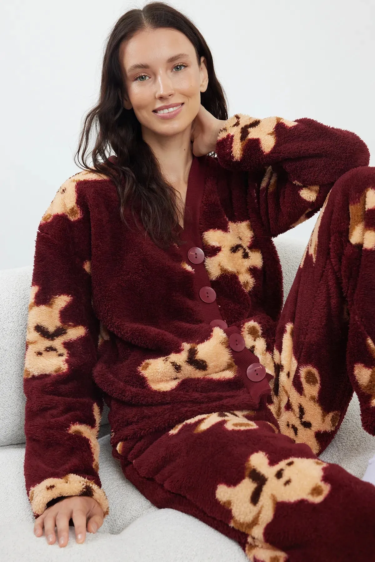 Claret Red Teddy Bear Patterned Wellsoft Winter Knitted Pajama Set