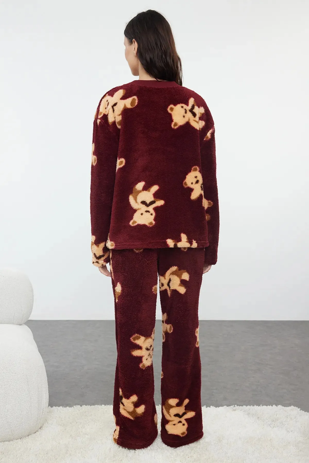 Claret Red Teddy Bear Patterned Wellsoft Winter Knitted Pajama Set