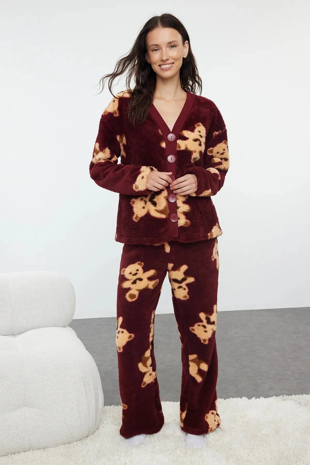 Claret Red Teddy Bear Patterned Wellsoft Winter Knitted Pajama Set