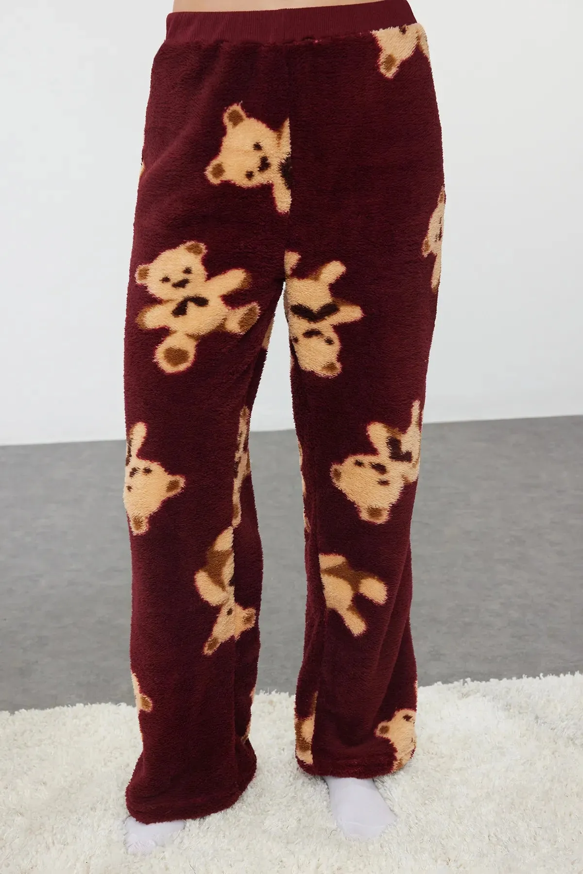Claret Red Teddy Bear Patterned Wellsoft Winter Knitted Pajama Set