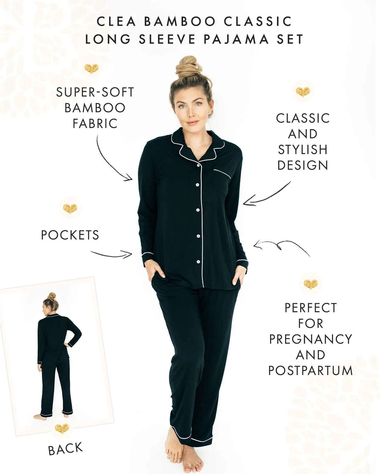Clea Bamboo Long Sleeve Maternity & Nursing Pajama - Black