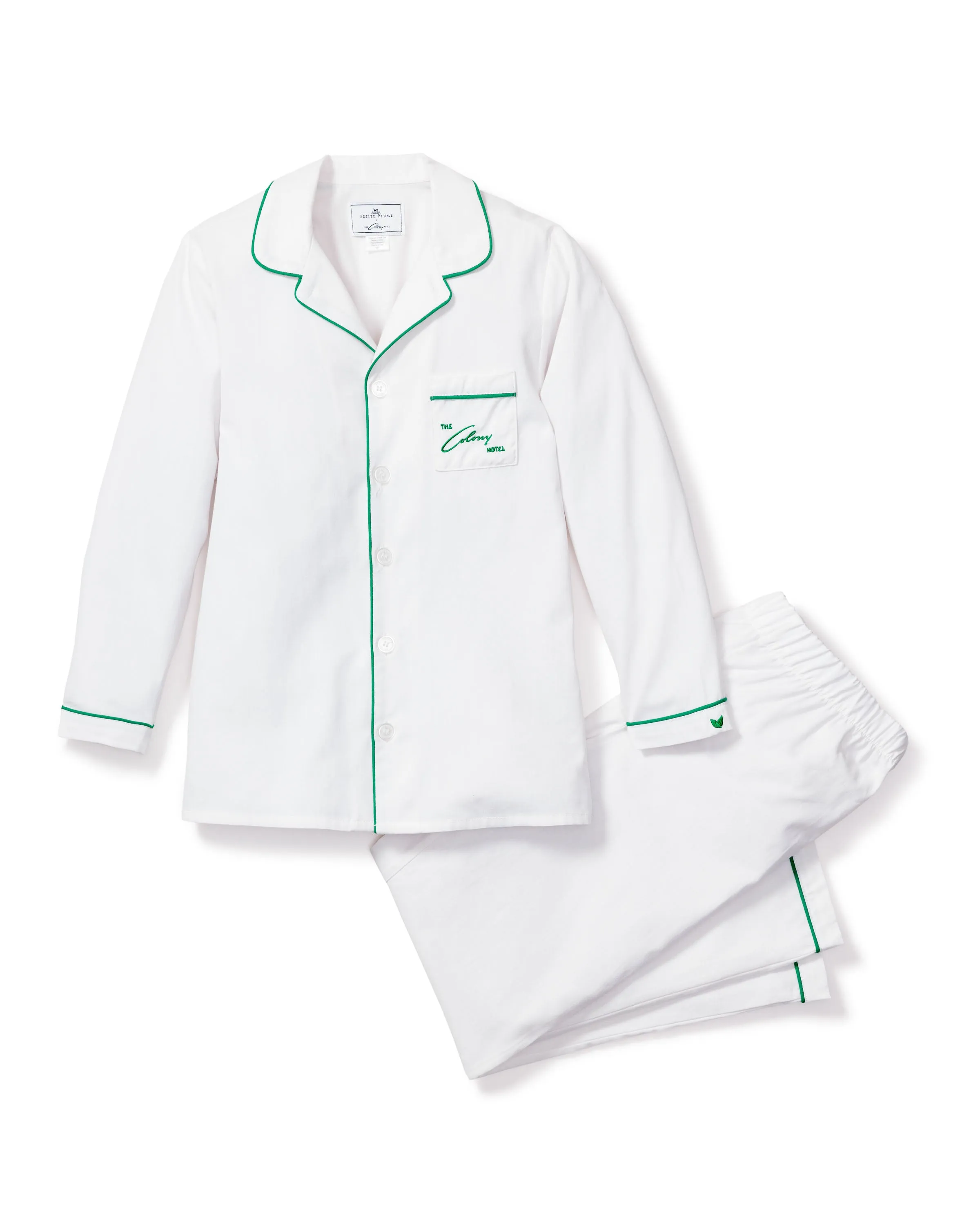 Colony Hotel x Petite Plume Kid's White with Green Piping Pajama Set