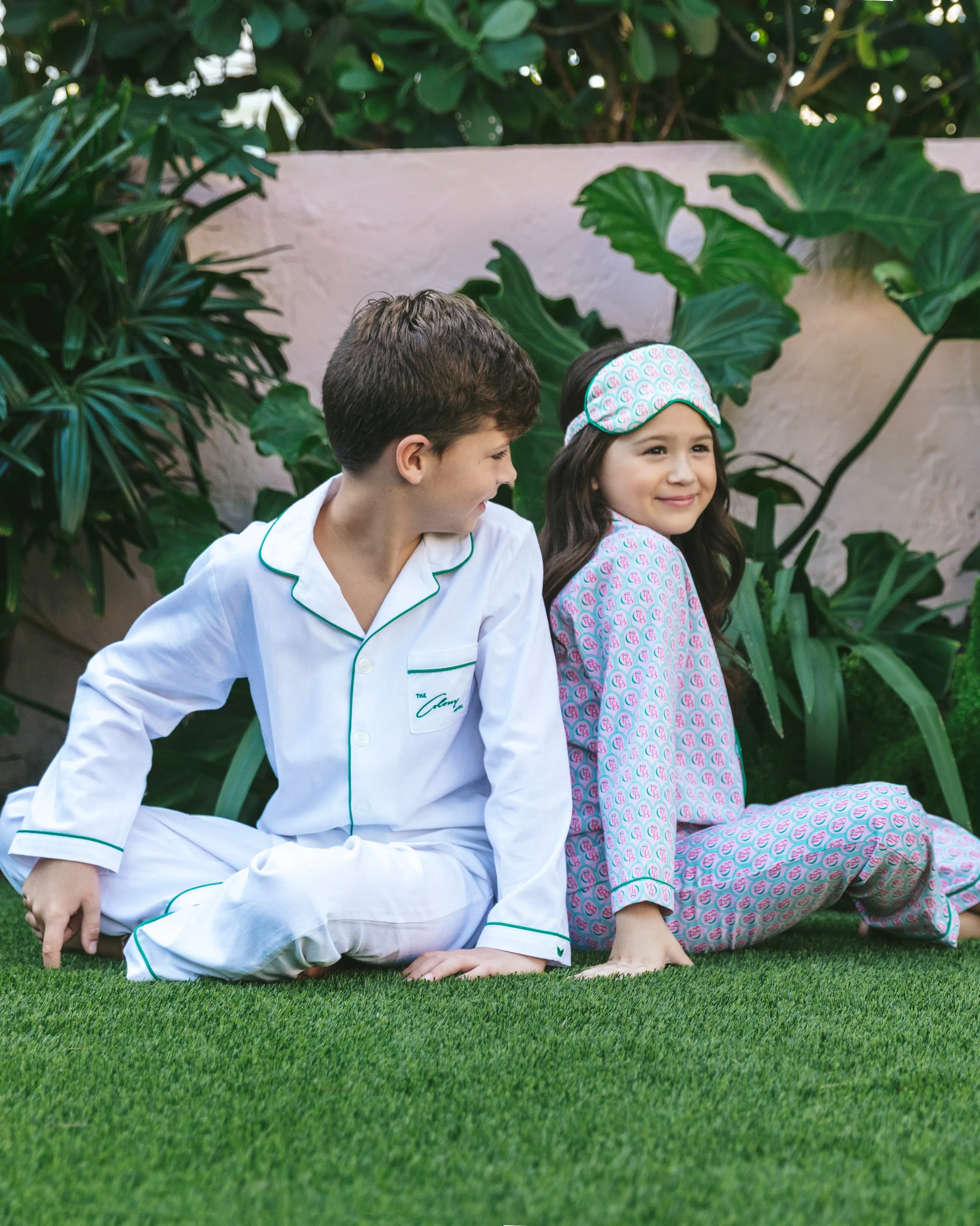 Colony Hotel x Petite Plume Kid's White with Green Piping Pajama Set