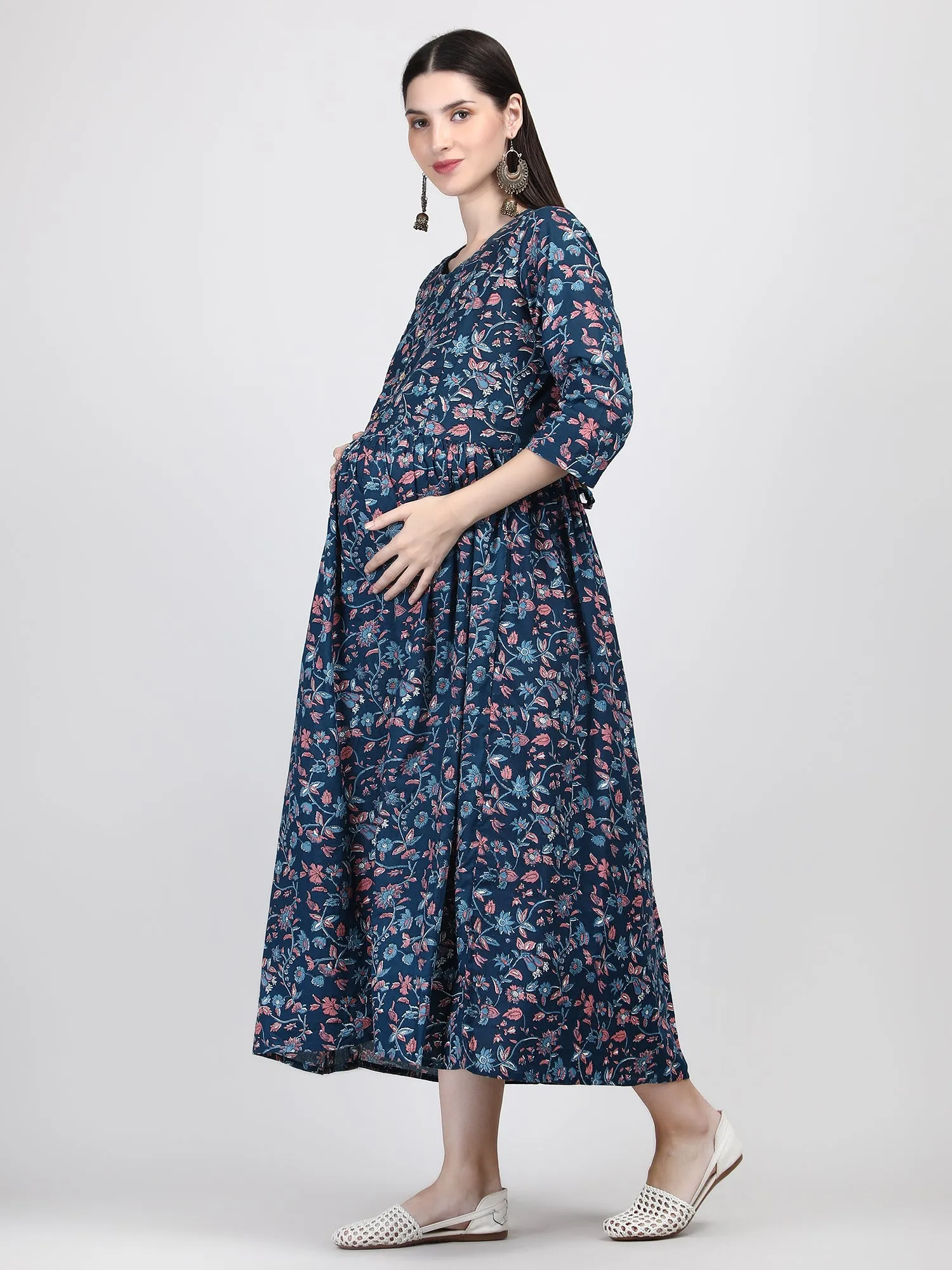 Comfortable Pure Cotton Blue Maternity & Feeding Gown with Invisible Zip