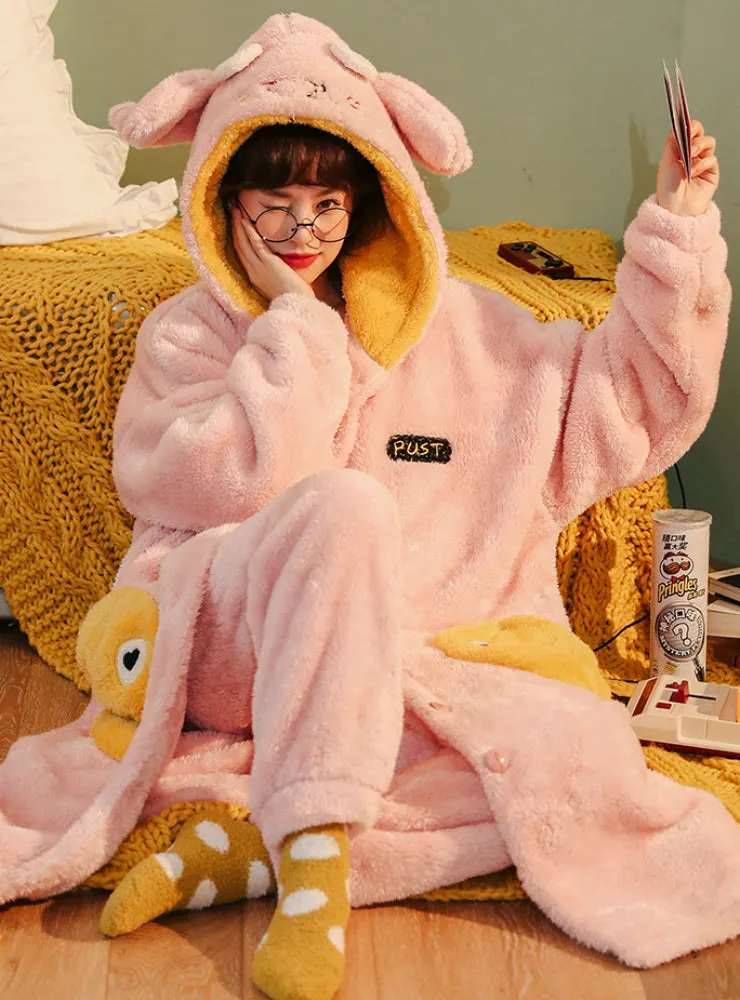 Coral Pajamas Cartoon Cute Warm Set Thick Flannel