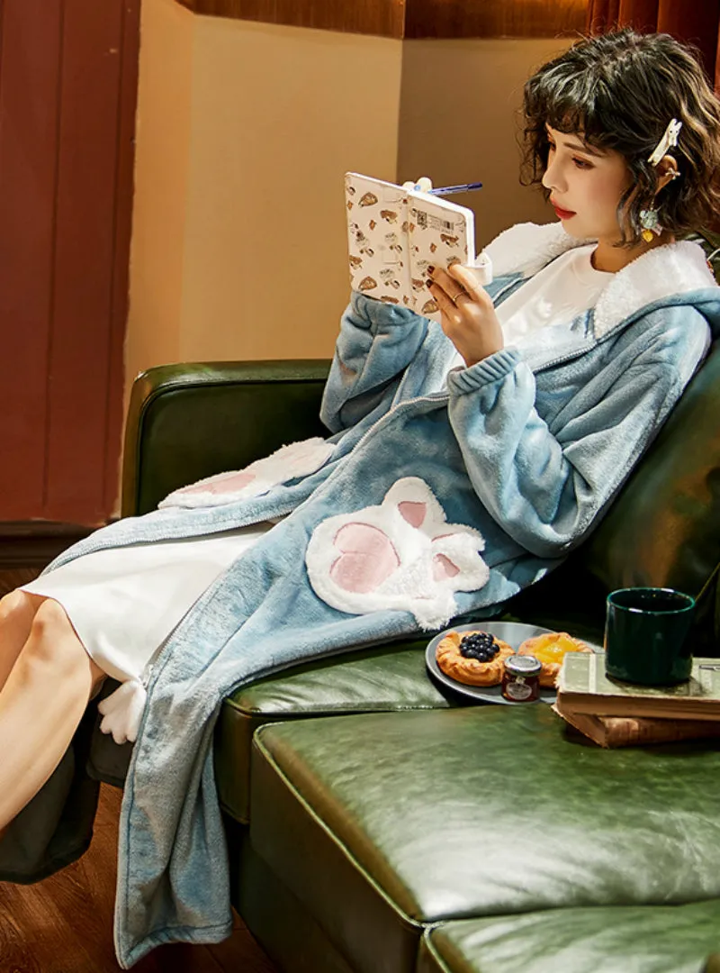 Coral Student Nightgown Warm Flannel Blue Bathrobe