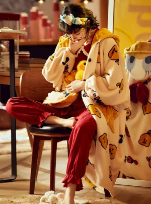 Coral Velvet Little Yellow Duck Hooded Flannel Bathrobe