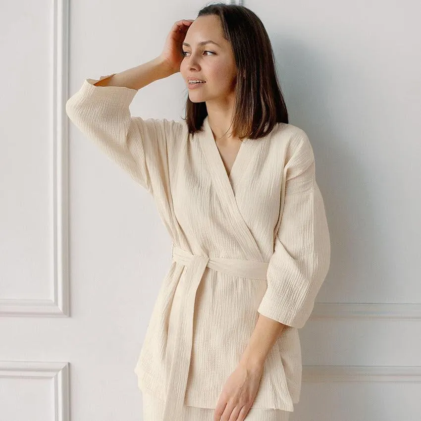 Cotton Crepe Pajamas 2-Piece Lace-Up Set