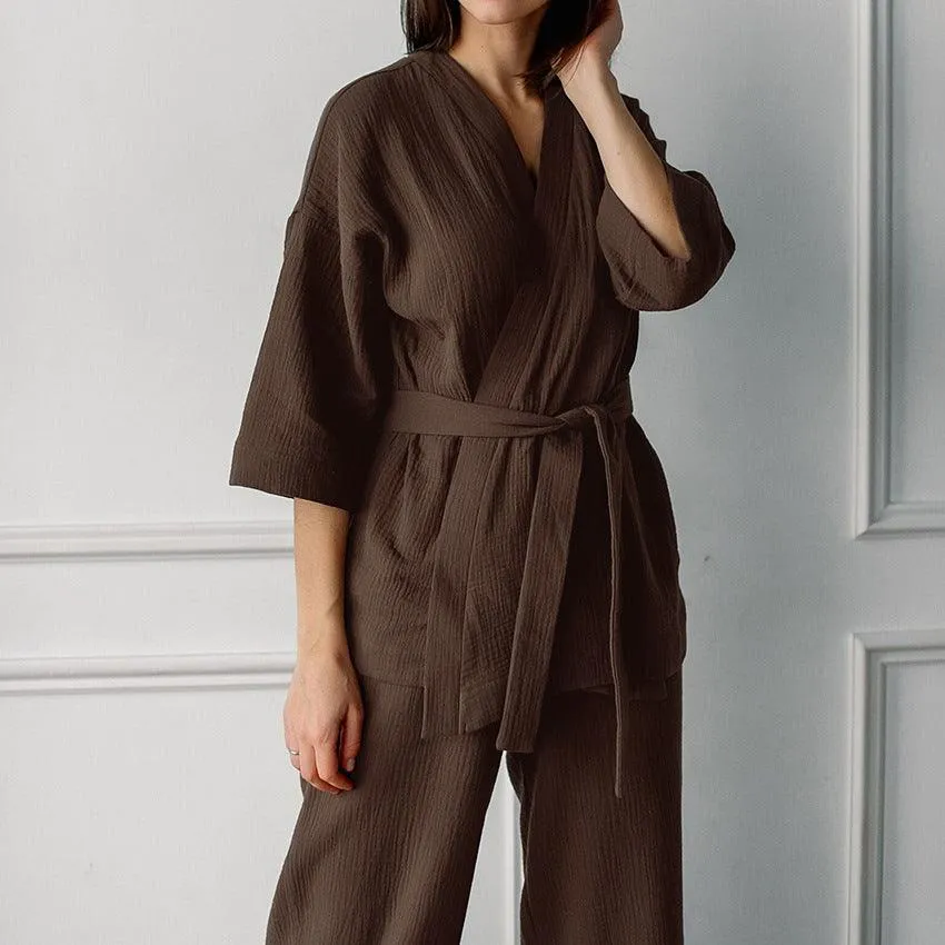 Cotton Crepe Pajamas 2-Piece Lace-Up Set