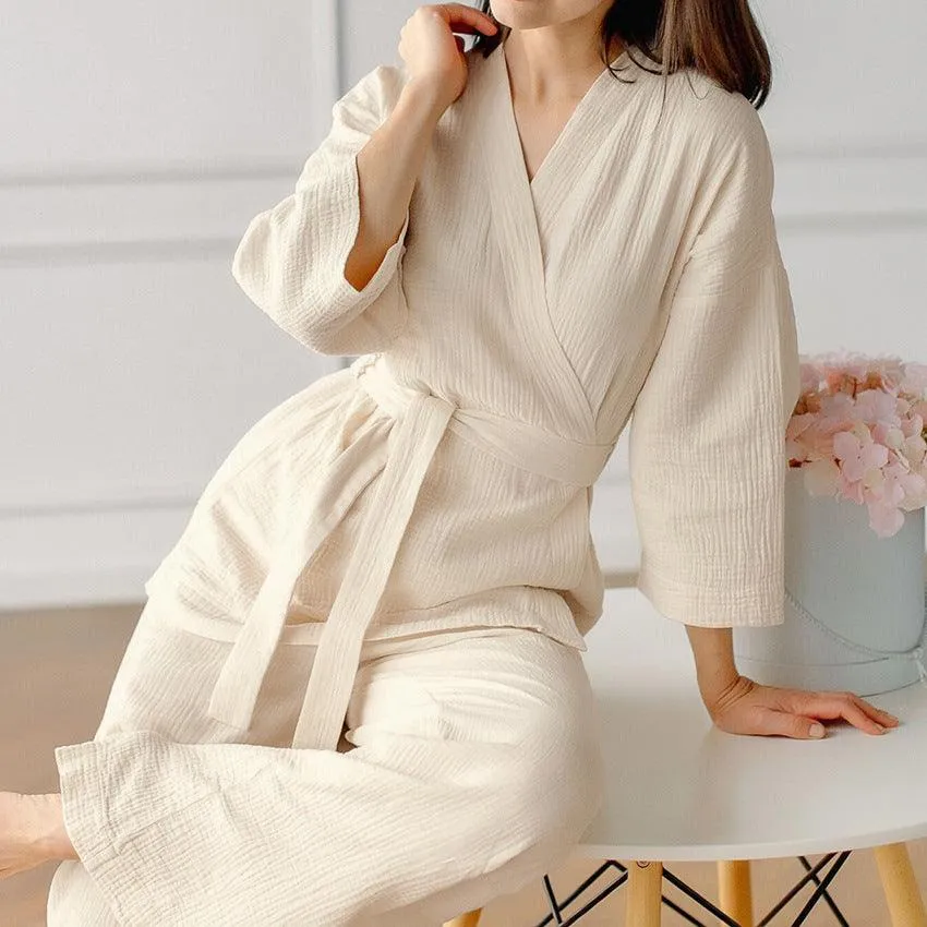 Cotton Crepe Pajamas 2-Piece Lace-Up Set
