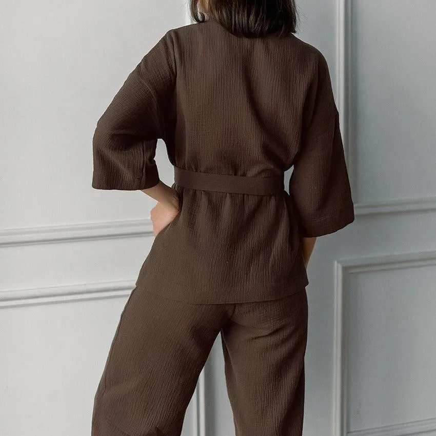Cotton Crepe Pajamas 2-Piece Lace-Up Set