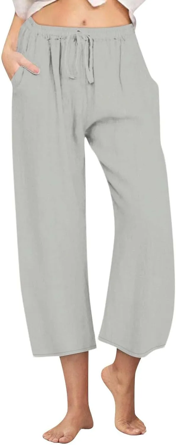Cotton Linen Pants for Women 2025 Wide Leg Cropped Lounge Trousers Drawstring Elastic Waist Summer Beach Pant Outfits