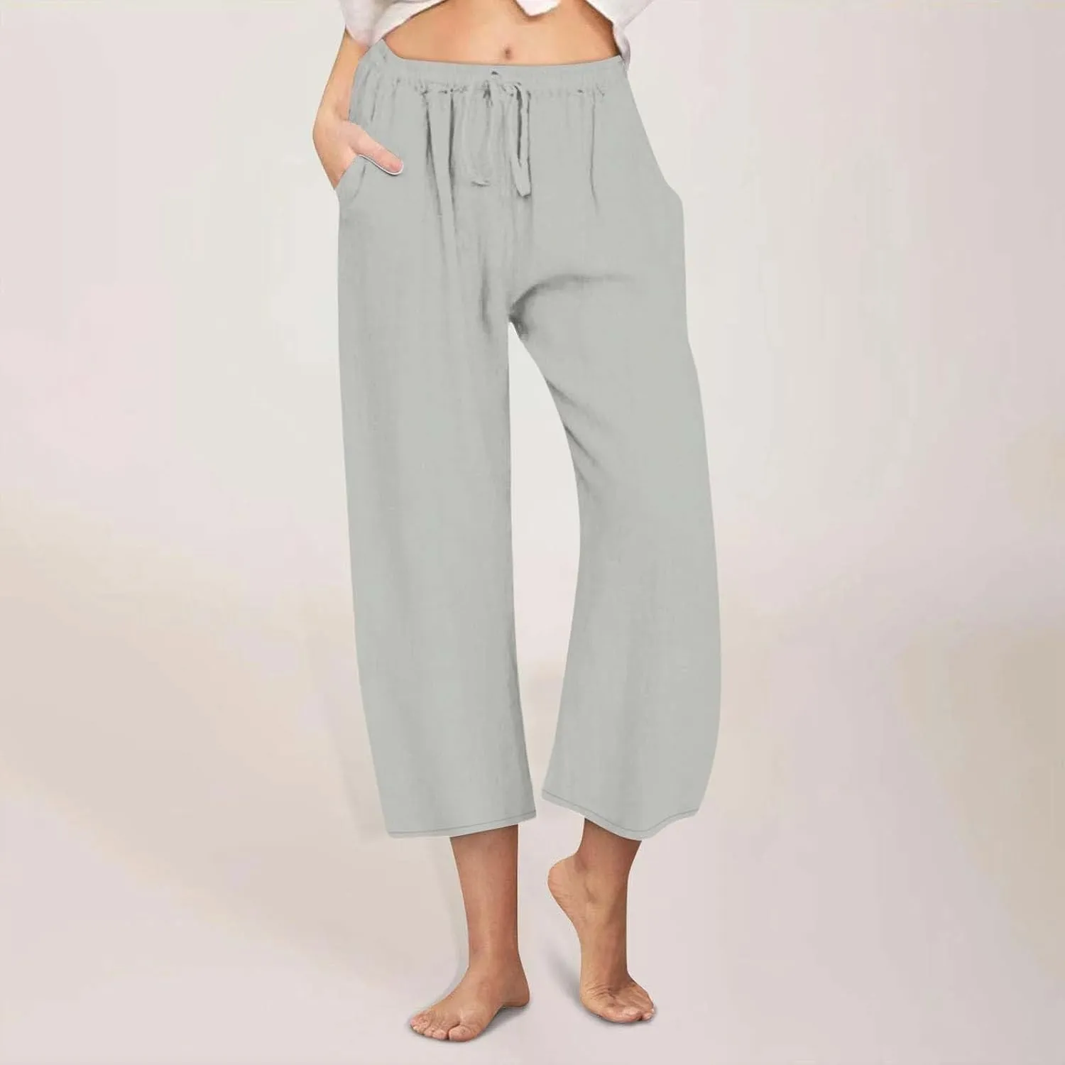Cotton Linen Pants for Women 2025 Wide Leg Cropped Lounge Trousers Drawstring Elastic Waist Summer Beach Pant Outfits