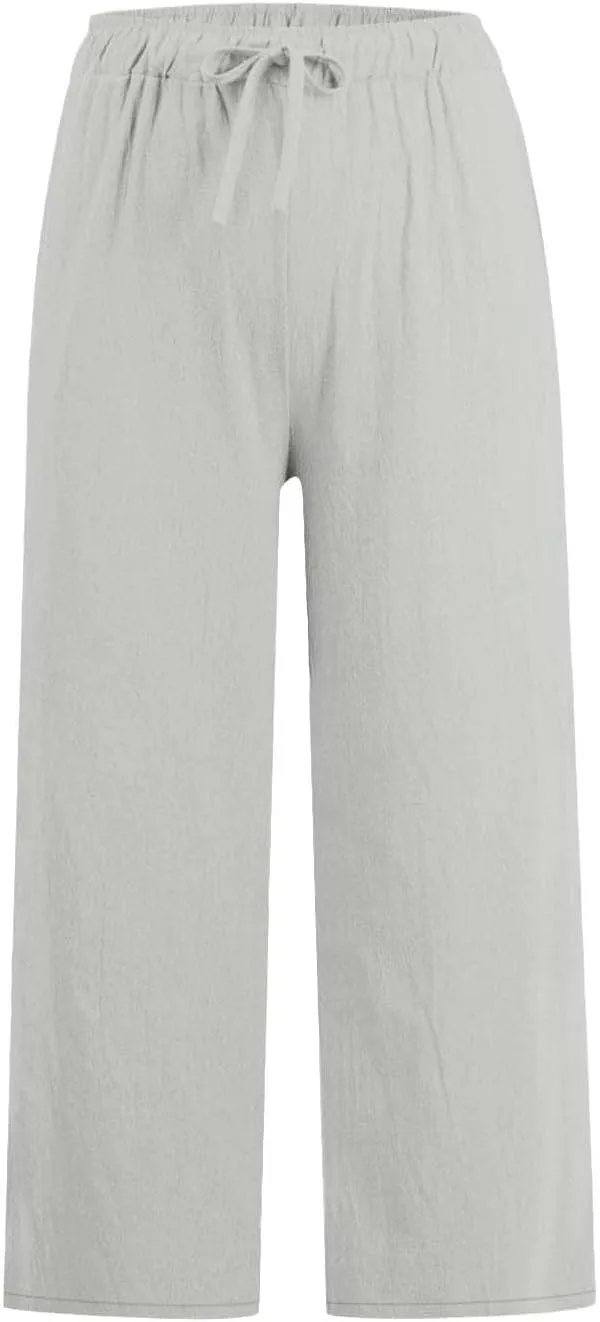 Cotton Linen Pants for Women 2025 Wide Leg Cropped Lounge Trousers Drawstring Elastic Waist Summer Beach Pant Outfits