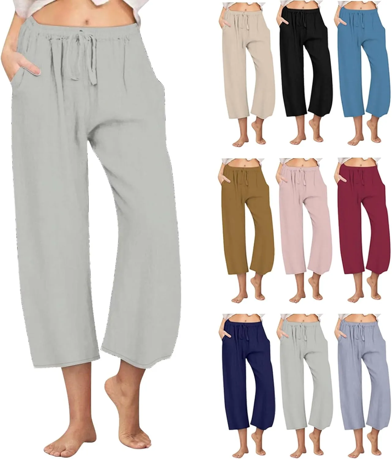 Cotton Linen Pants for Women 2025 Wide Leg Cropped Lounge Trousers Drawstring Elastic Waist Summer Beach Pant Outfits