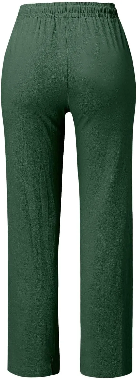 Cotton Linen Pants for Women Printed Capri Pant Plus Size Wide Leg Sweatpants Summer Cropped Elastic Waist Trousers