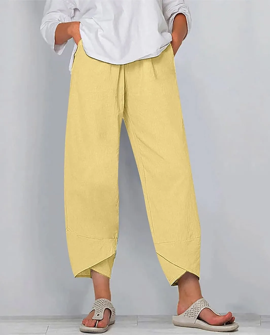 Cotton Linen Pants for Women Wide Leg Elastic Waist Capri Pant Casual Loose Palazzo Cropped Trousers with Pockets