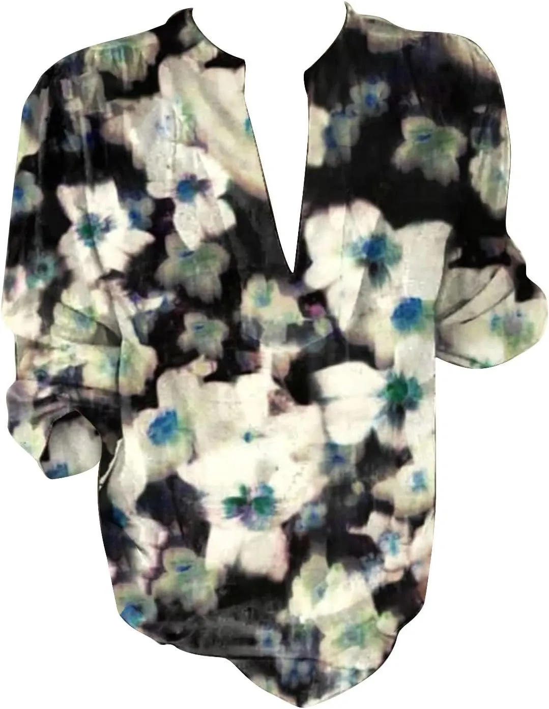 Cotton Linen Shirts for Women Summer Long Sleeve Henley Floral Printed Boho Beach V Neck Casual Loose Fit Blouses