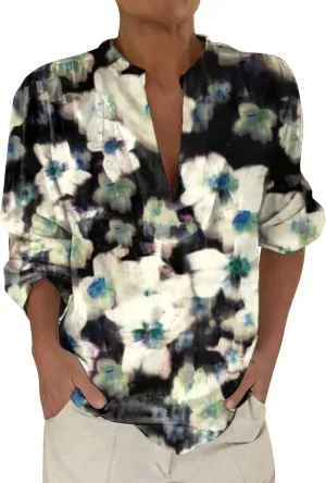 Cotton Linen Shirts for Women Summer Long Sleeve Henley Floral Printed Boho Beach V Neck Casual Loose Fit Blouses