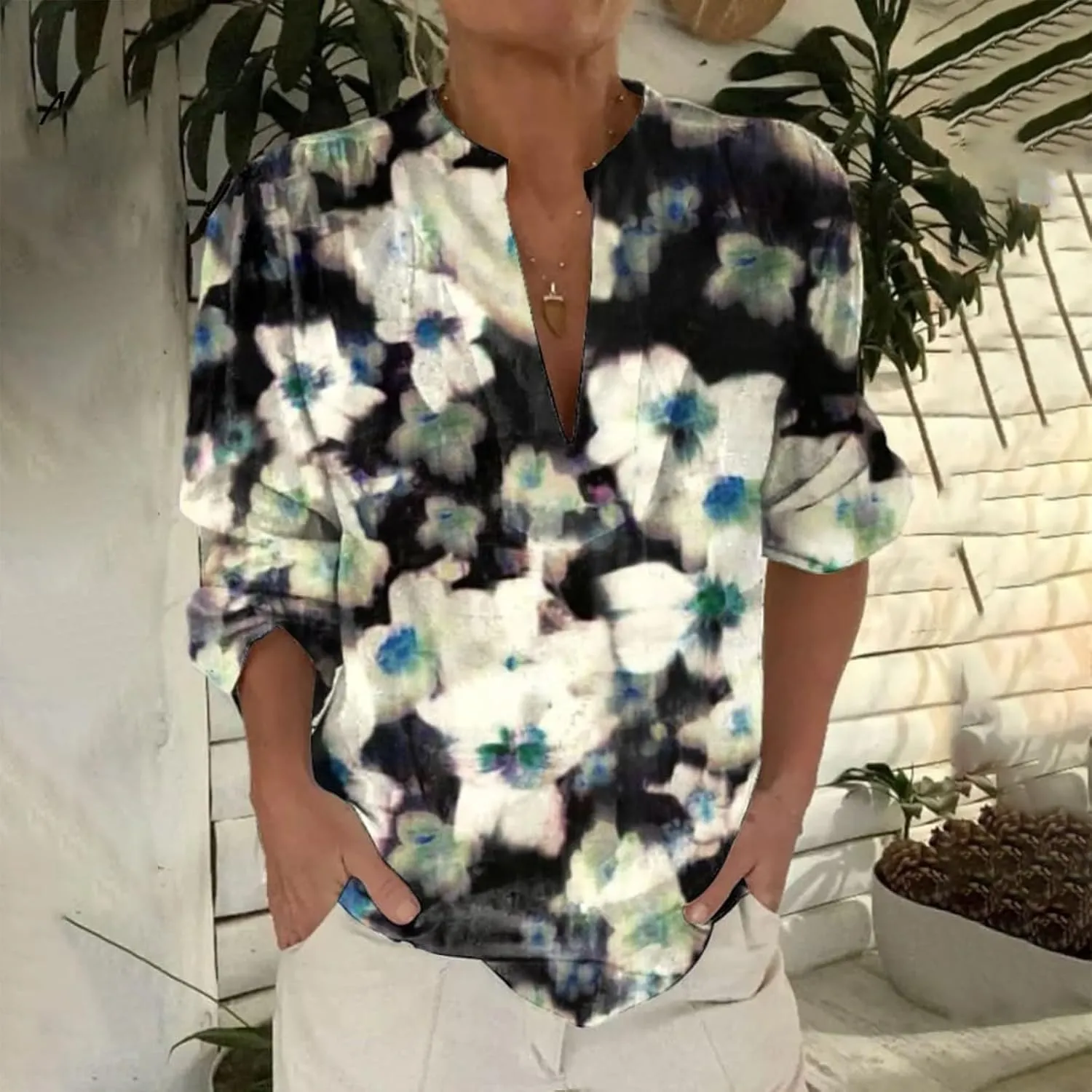 Cotton Linen Shirts for Women Summer Long Sleeve Henley Floral Printed Boho Beach V Neck Casual Loose Fit Blouses