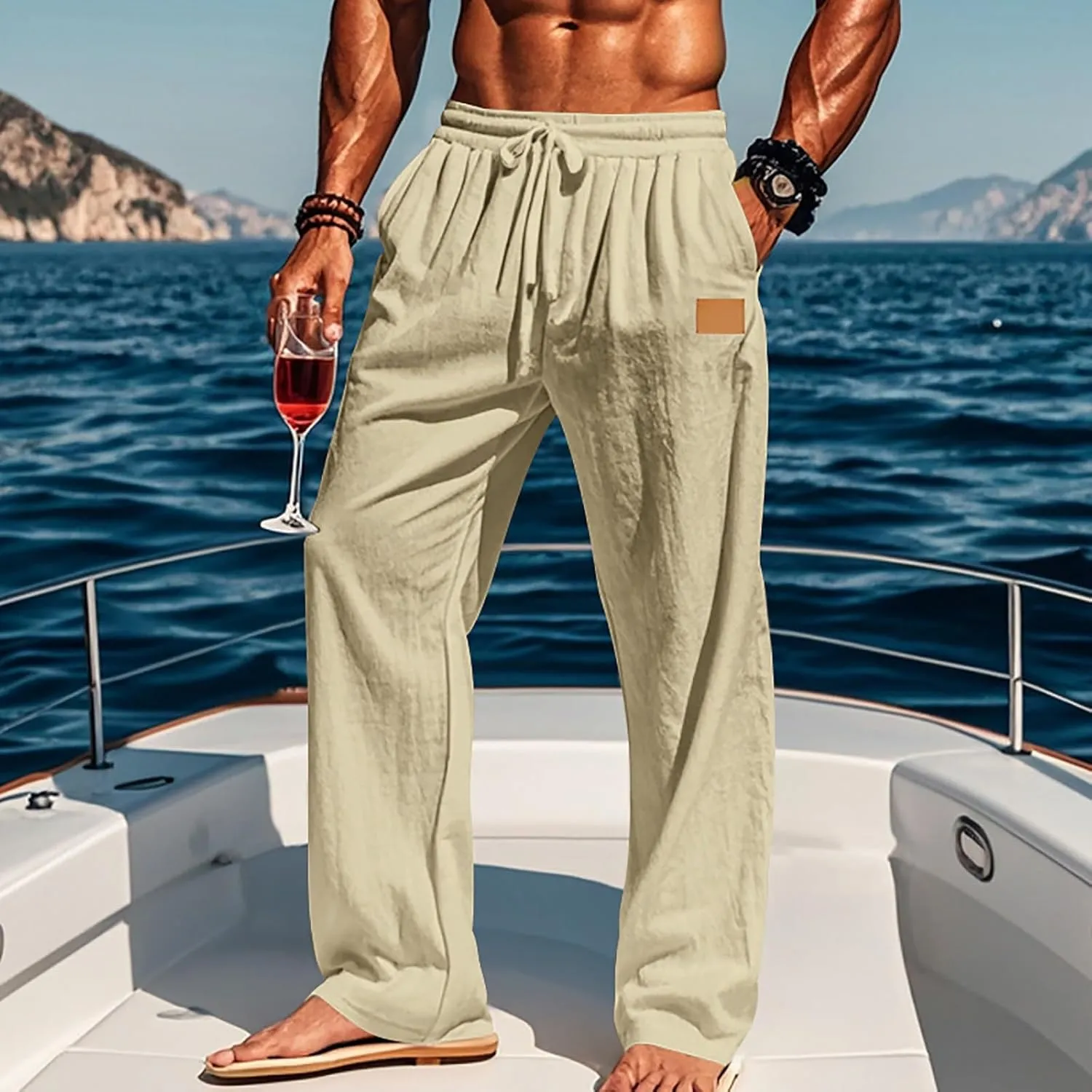 CRNTCEM Mens Cotton Linen Beach Pants Straight Loose Casual Yoga Sweatpants Outdoor Lightweight Travel Lounge Trousers