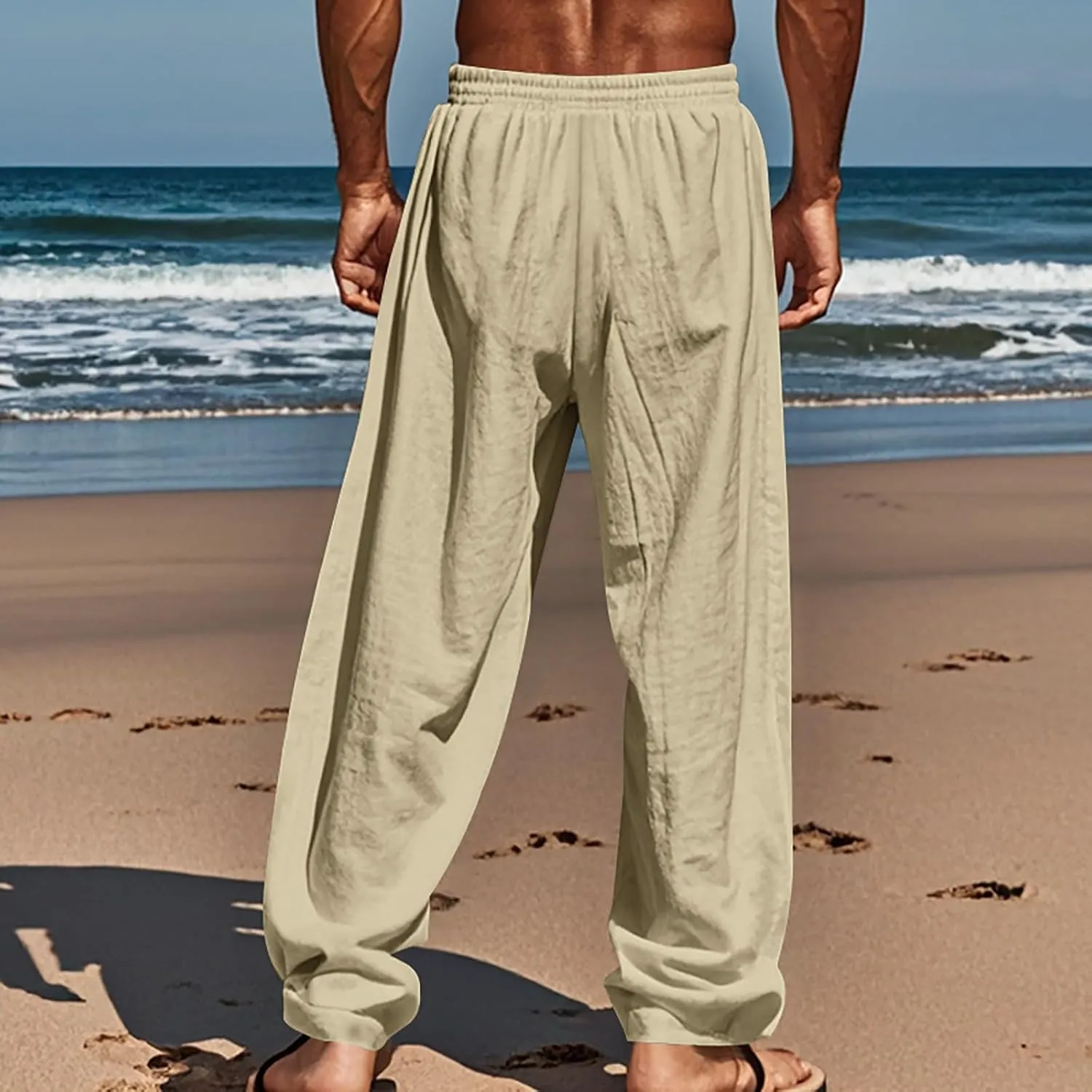 CRNTCEM Mens Cotton Linen Beach Pants Straight Loose Casual Yoga Sweatpants Outdoor Lightweight Travel Lounge Trousers