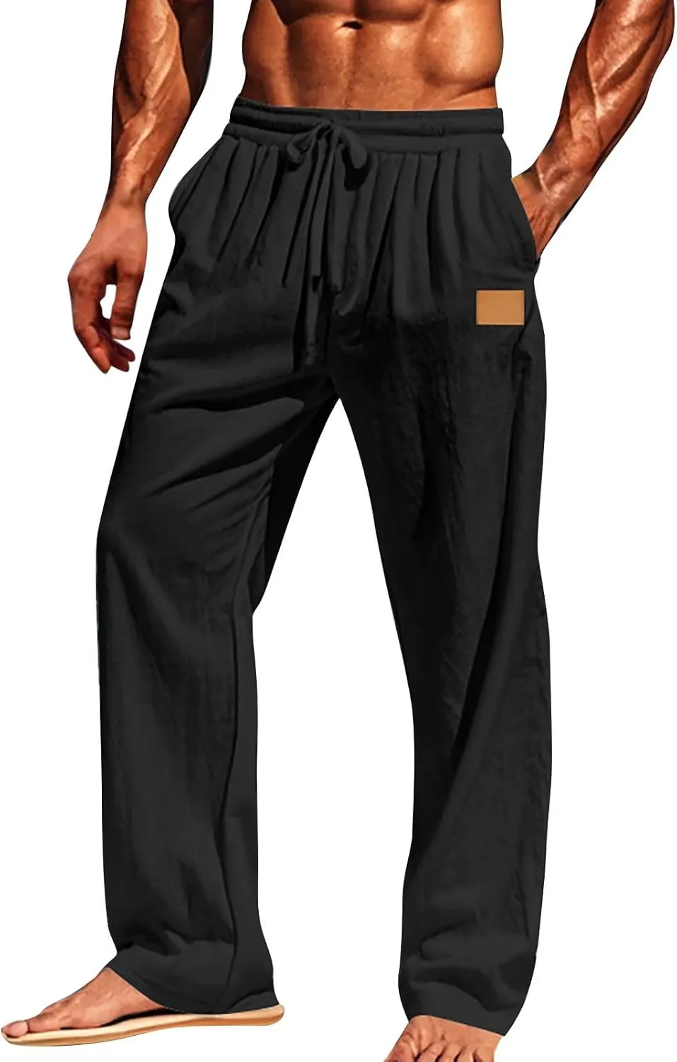 CRNTCEM Mens Cotton Linen Beach Pants Straight Loose Casual Yoga Sweatpants Outdoor Lightweight Travel Lounge Trousers