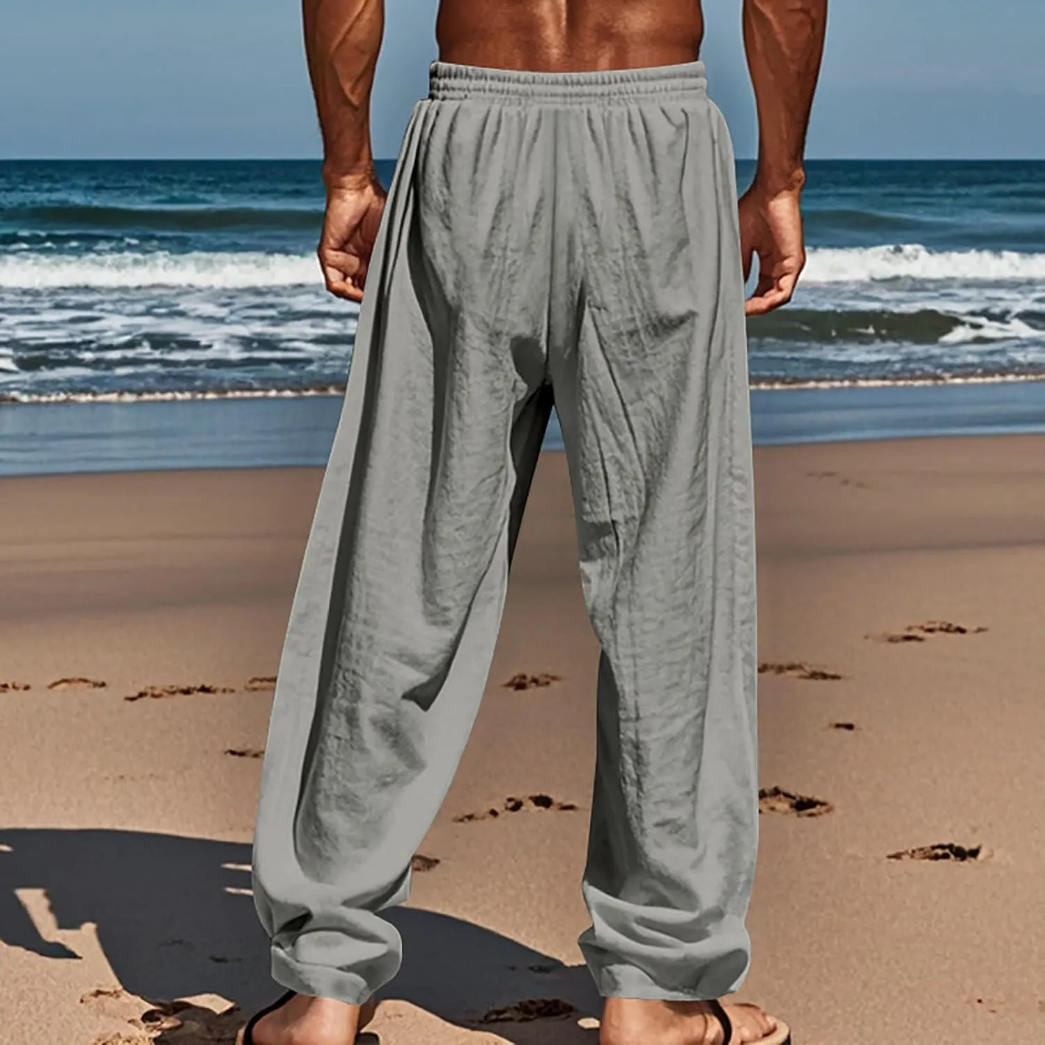 CRNTCEM Mens Cotton Linen Beach Pants Straight Loose Casual Yoga Sweatpants Outdoor Lightweight Travel Lounge Trousers