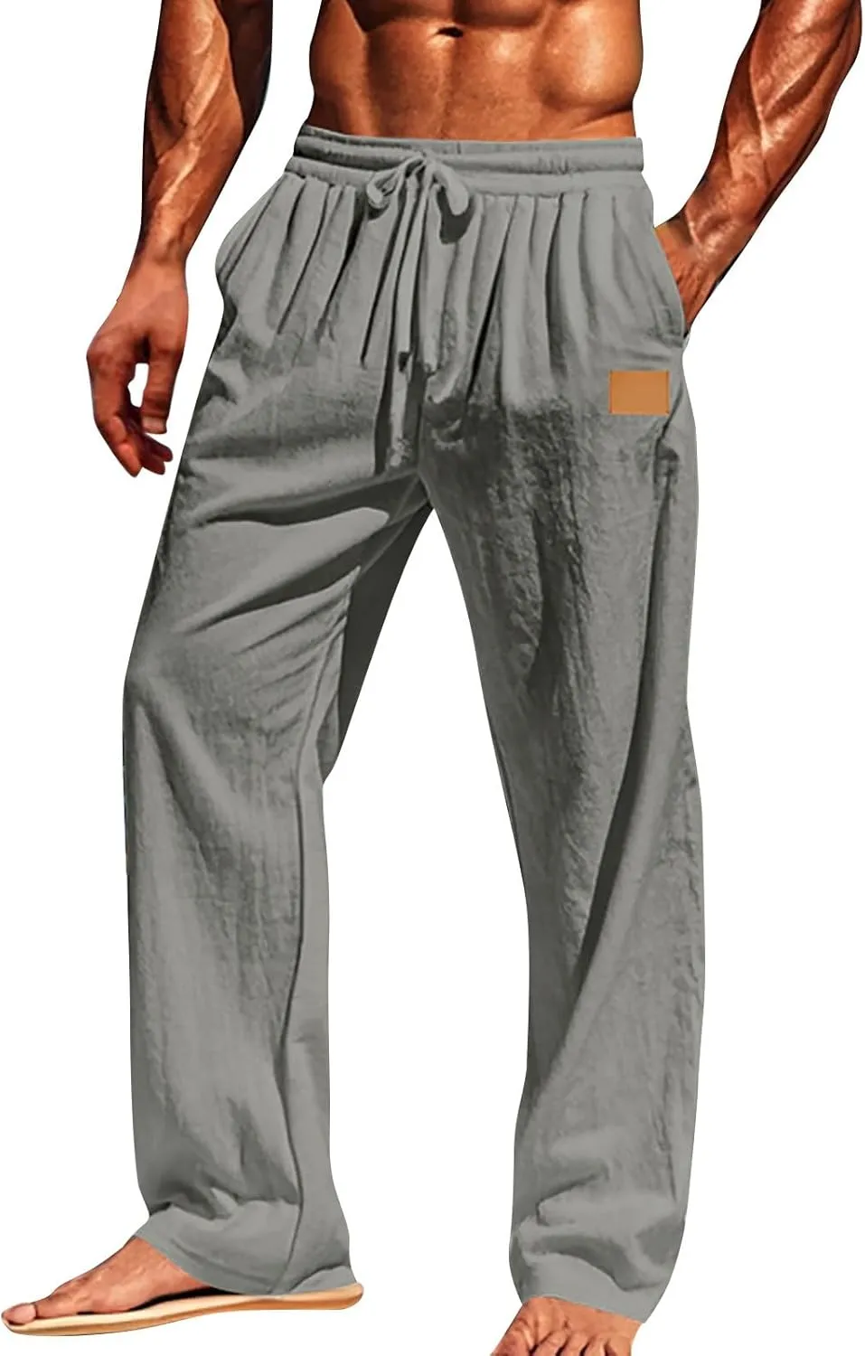CRNTCEM Mens Cotton Linen Beach Pants Straight Loose Casual Yoga Sweatpants Outdoor Lightweight Travel Lounge Trousers