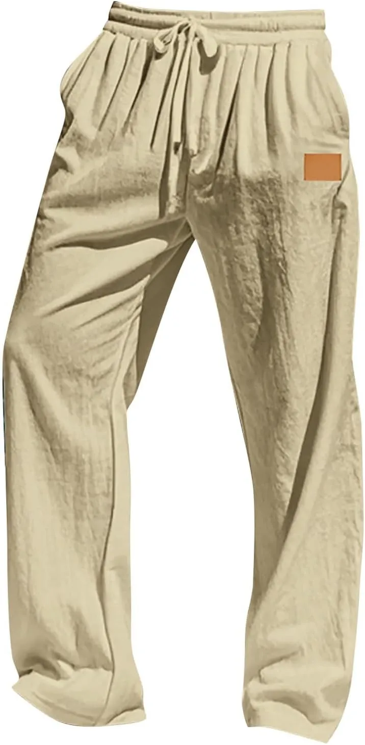 CRNTCEM Mens Cotton Linen Beach Pants Straight Loose Casual Yoga Sweatpants Outdoor Lightweight Travel Lounge Trousers