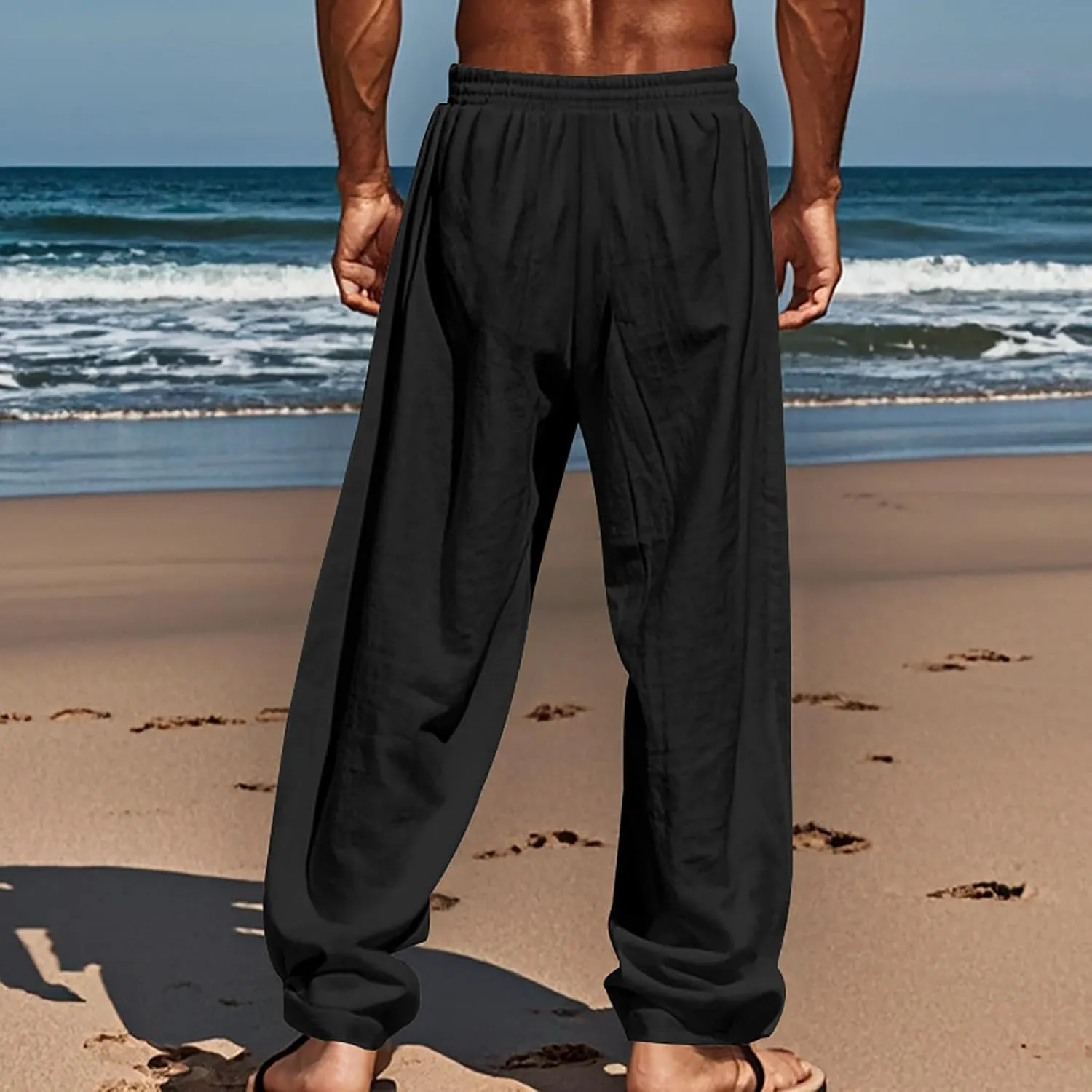 CRNTCEM Mens Cotton Linen Beach Pants Straight Loose Casual Yoga Sweatpants Outdoor Lightweight Travel Lounge Trousers