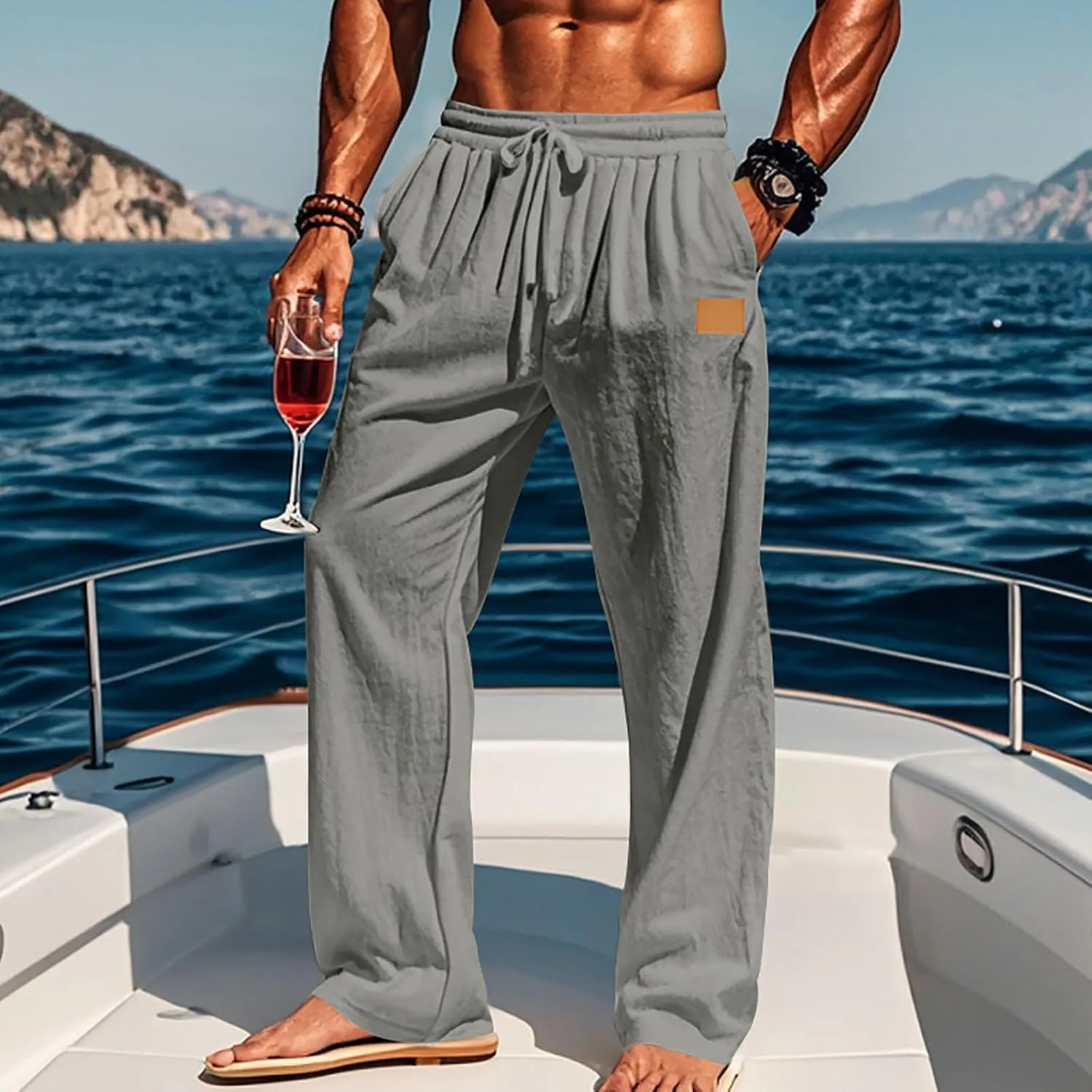 CRNTCEM Mens Cotton Linen Beach Pants Straight Loose Casual Yoga Sweatpants Outdoor Lightweight Travel Lounge Trousers
