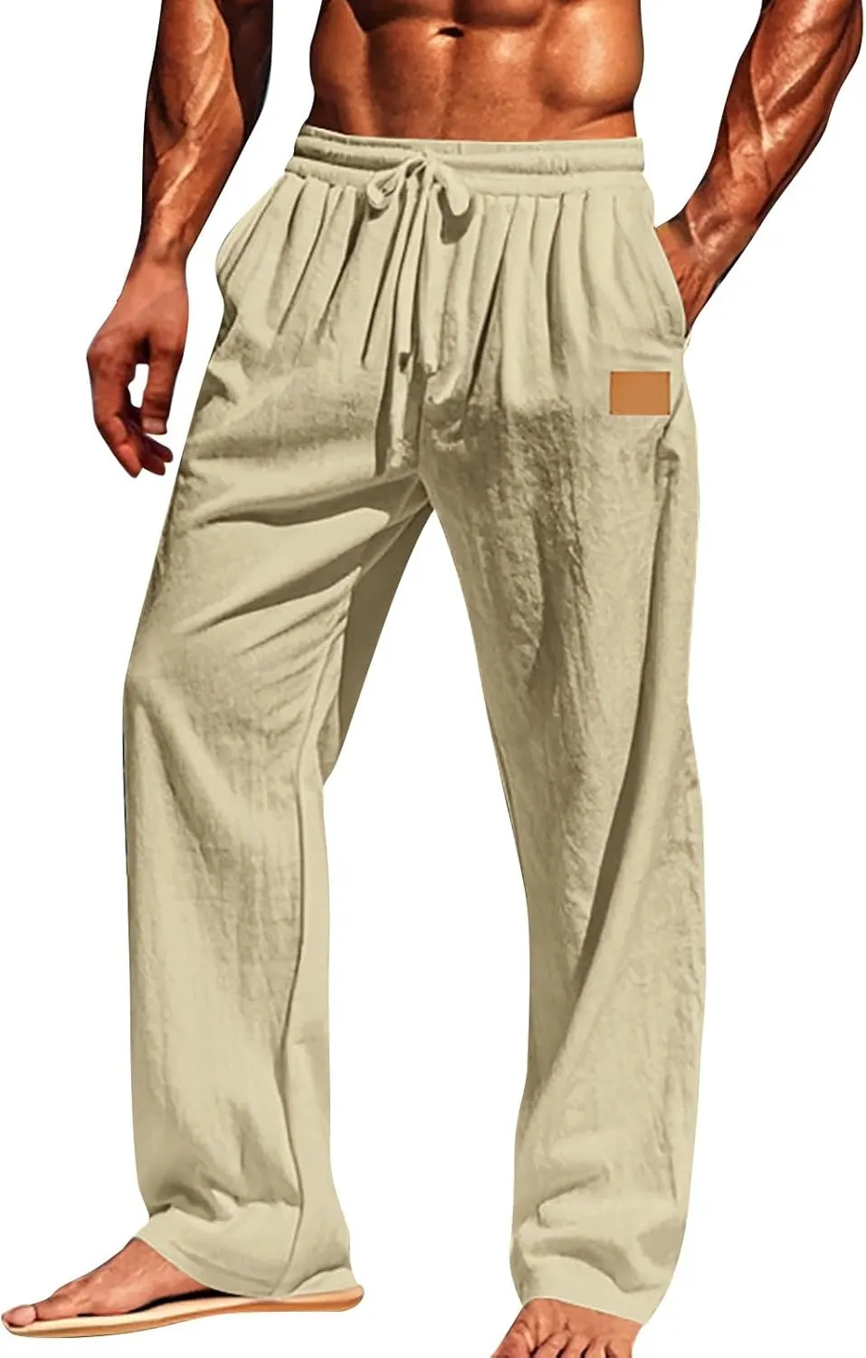 CRNTCEM Mens Cotton Linen Beach Pants Straight Loose Casual Yoga Sweatpants Outdoor Lightweight Travel Lounge Trousers
