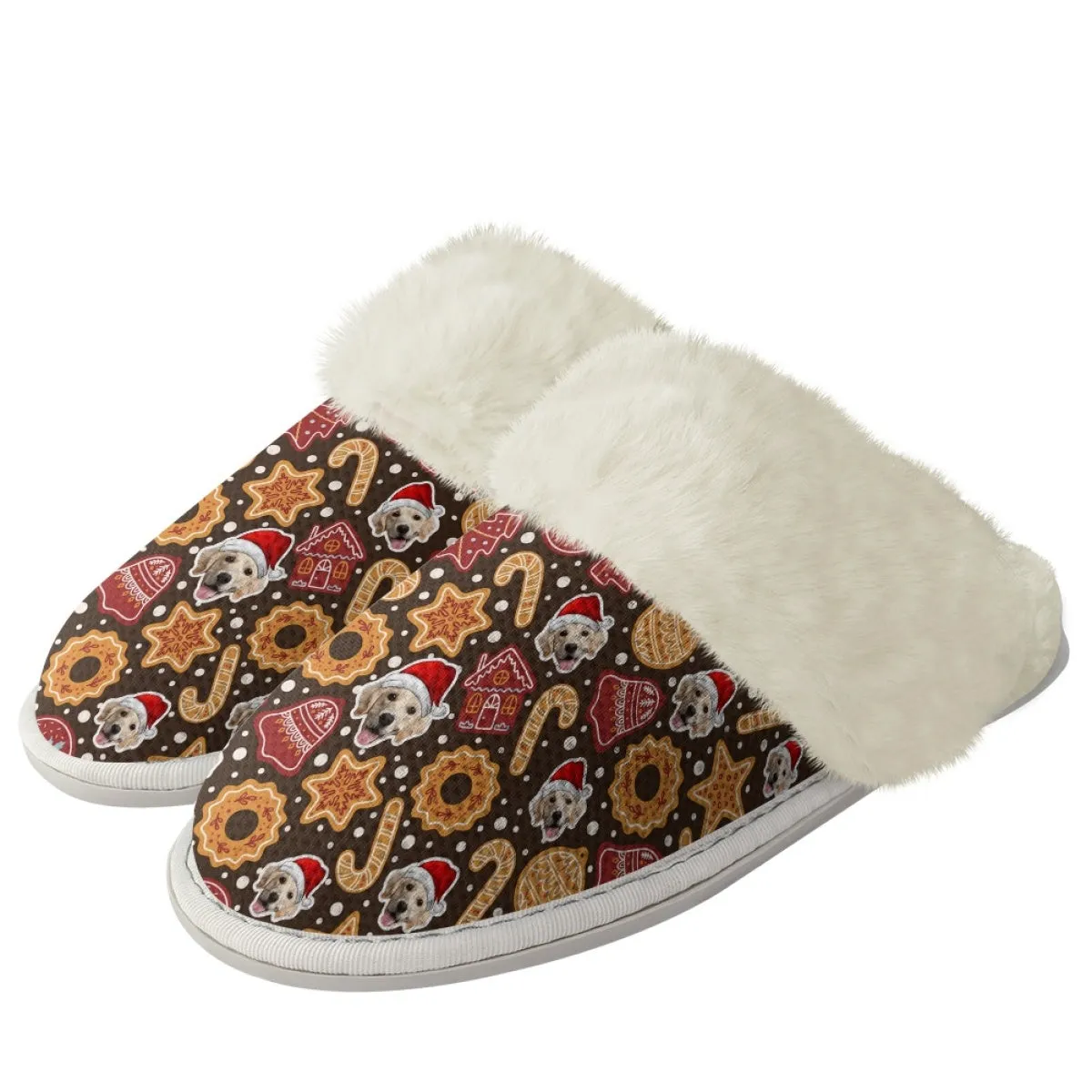 Custom Face Christmas Candy Cotton Slippers with Fur Edges Warm Flannel Home Slippers