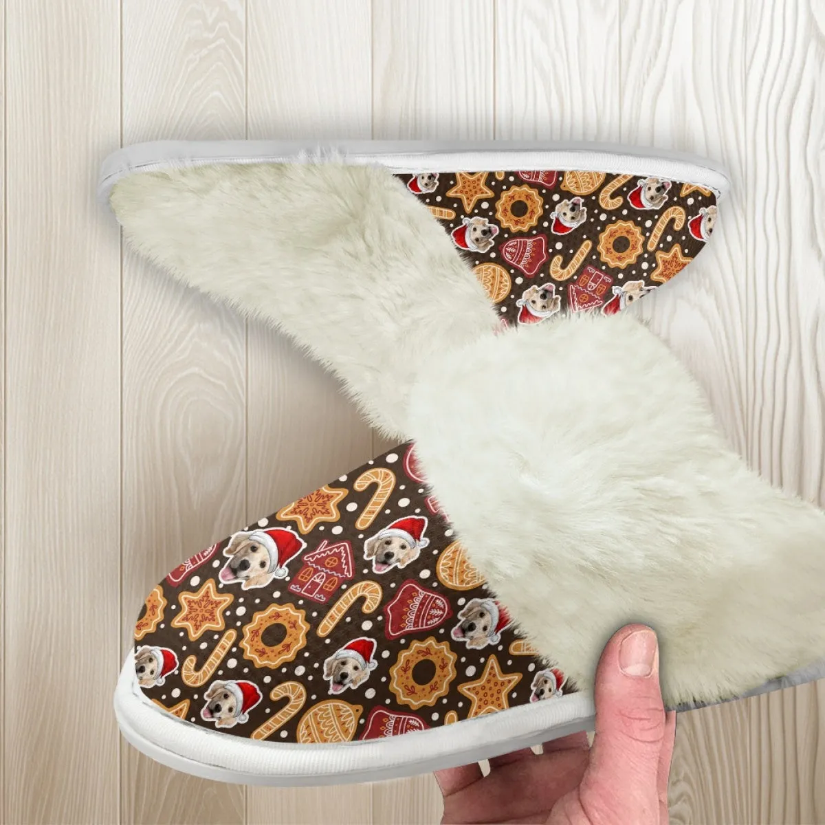 Custom Face Christmas Candy Cotton Slippers with Fur Edges Warm Flannel Home Slippers