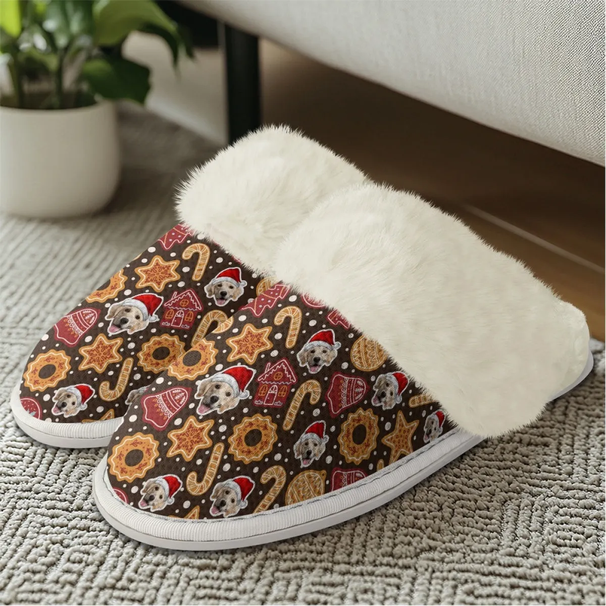 Custom Face Christmas Candy Cotton Slippers with Fur Edges Warm Flannel Home Slippers