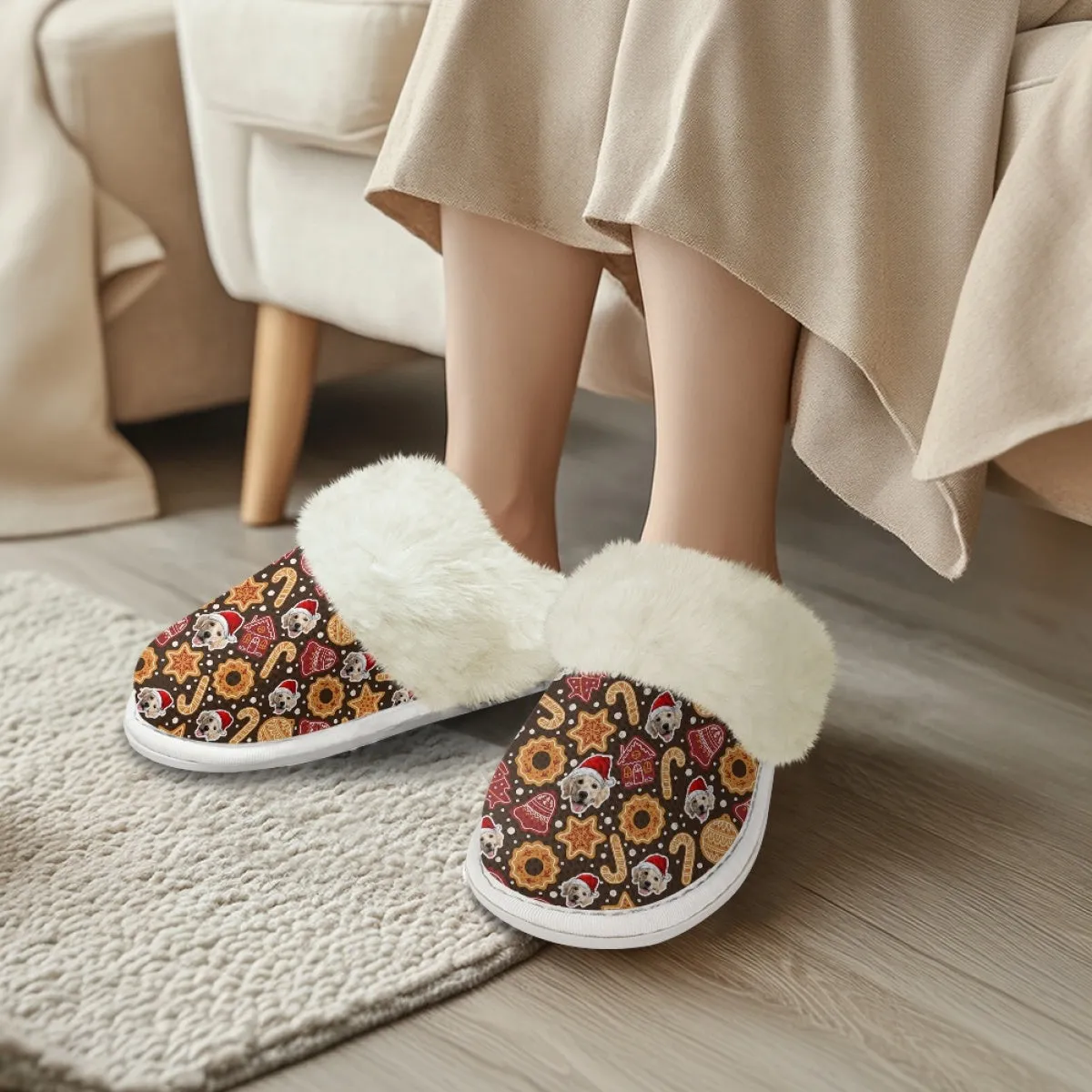 Custom Face Christmas Candy Cotton Slippers with Fur Edges Warm Flannel Home Slippers