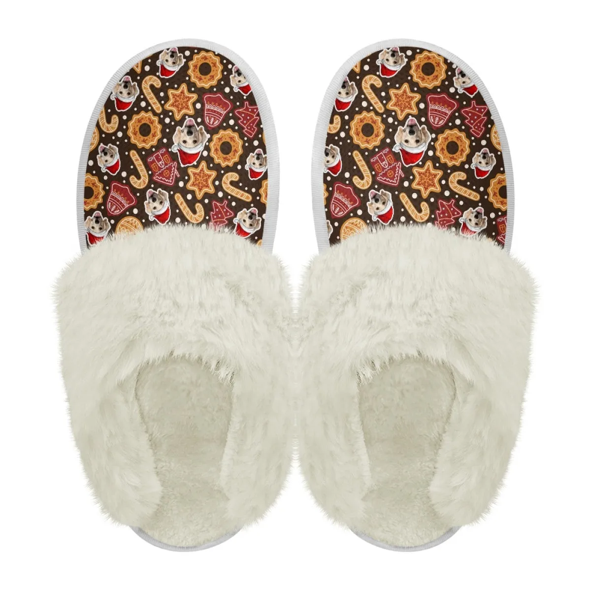 Custom Face Christmas Candy Cotton Slippers with Fur Edges Warm Flannel Home Slippers