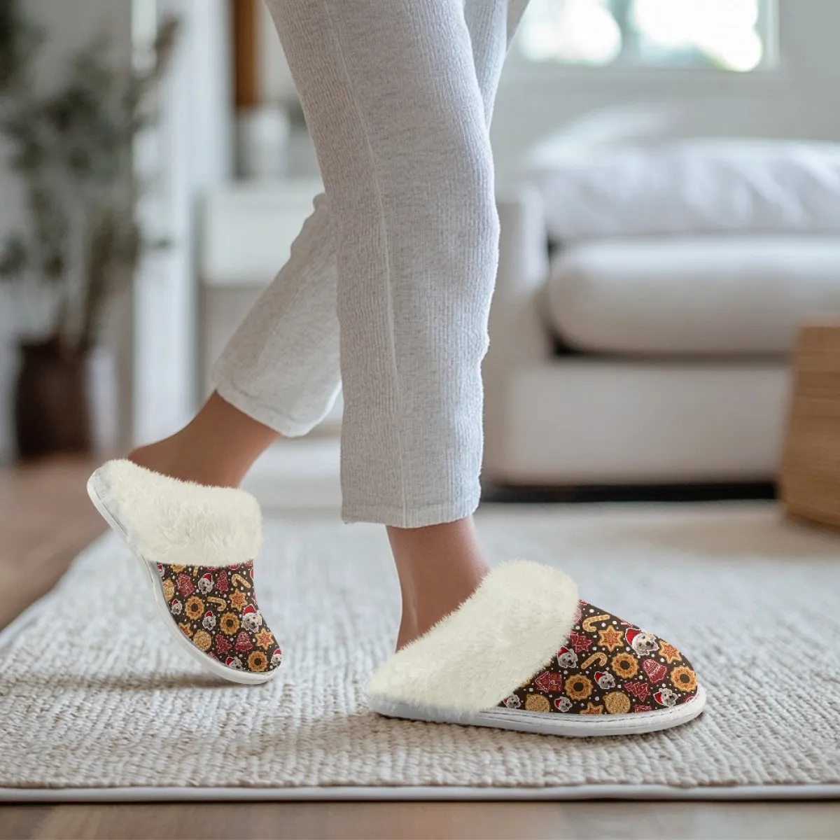 Custom Face Christmas Candy Cotton Slippers with Fur Edges Warm Flannel Home Slippers