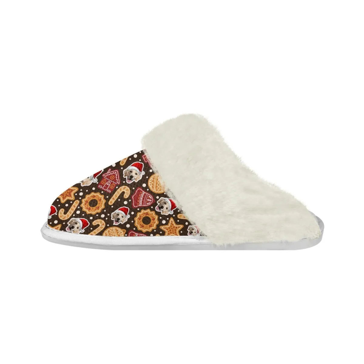 Custom Face Christmas Candy Cotton Slippers with Fur Edges Warm Flannel Home Slippers