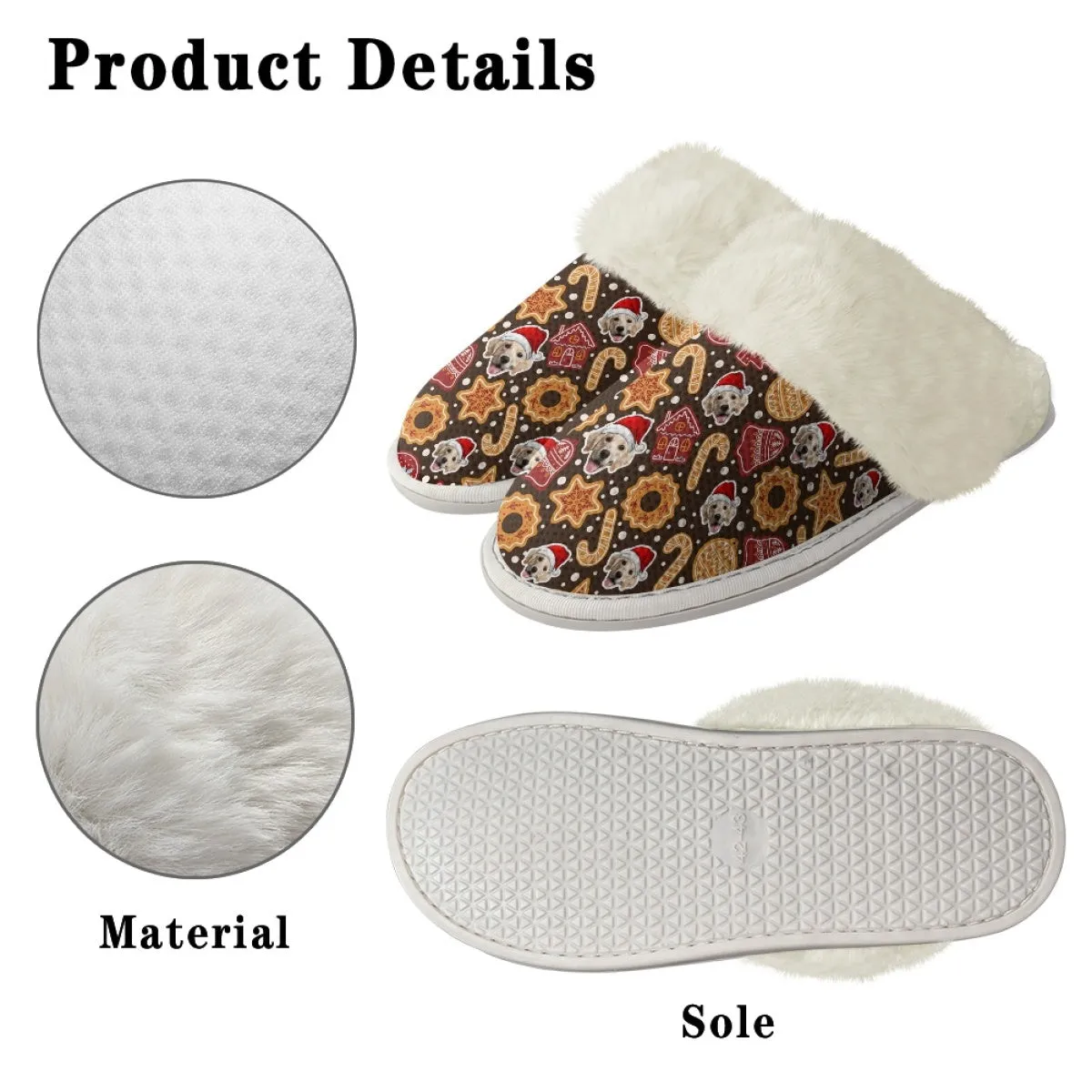 Custom Face Christmas Candy Cotton Slippers with Fur Edges Warm Flannel Home Slippers